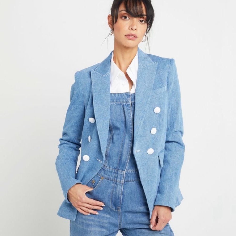 Kourt‎ Revolve Fern Denim Double-Breasted Blazer W White Heraldic Buttons Sz:XS